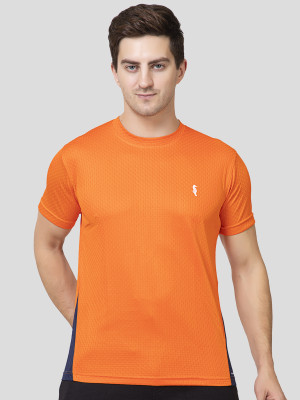 MEN IN BLUE Solid Men Round Neck Orange, Navy Blue T-Shirt