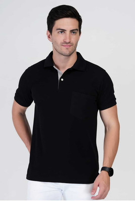 flora shine Solid Men Polo Neck Black T-Shirt