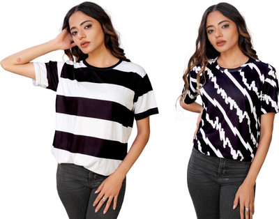 SHRIEZ Striped Women Round Neck Multicolor T-Shirt