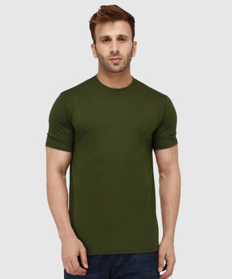 London Hills Solid Men Round Neck Dark Green T-Shirt