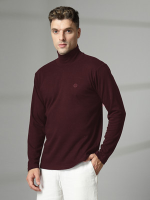CHKOKKO Solid Men High Neck Purple T-Shirt