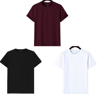 P collection Solid Men Round Neck Maroon, Black, White T-Shirt