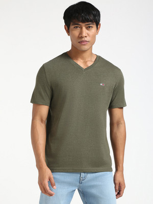 TOMMY HILFIGER Solid Men V Neck Green T-Shirt