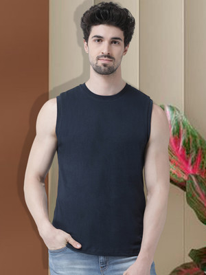 FRISKERS Solid Men Round Neck Dark Blue T-Shirt