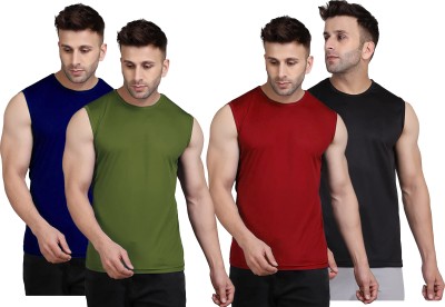 UDI n ADI Solid Men Round Neck Dark Green, Navy Blue, Maroon, Black T-Shirt