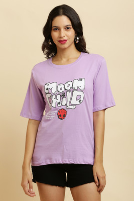 Purser Printed Women Round Neck Purple T-Shirt