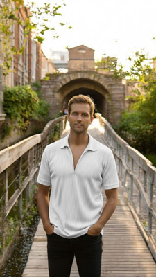 The Stanch Self Design Men Polo Neck White T-Shirt