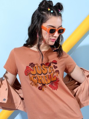 Tokyo Talkies Printed Women Round Neck Brown T-Shirt