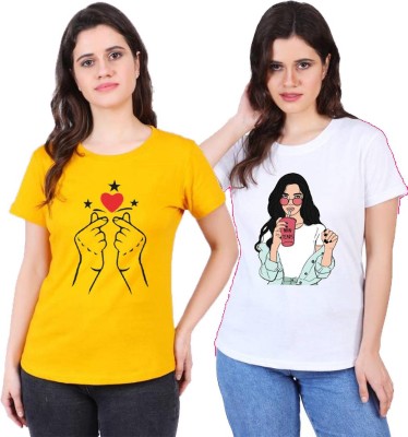 af collection Printed, Graphic Print Women Round Neck Yellow, White T-Shirt