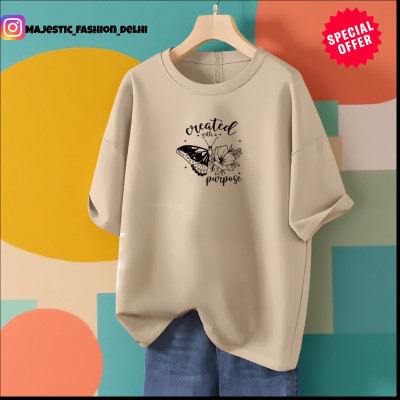 HouseOfCommon Printed Women Round Neck Beige T-Shirt