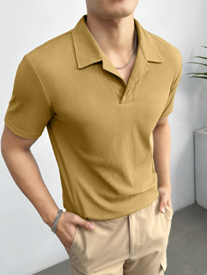 KEX Self Design Men Polo Neck Beige T-Shirt