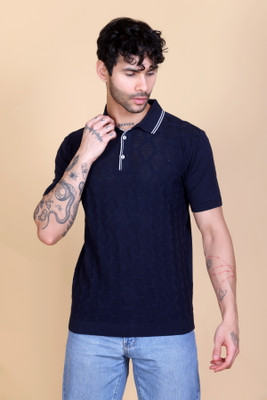 DZANT Striped Men Polo Neck Navy Blue T-Shirt
