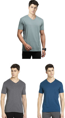 JOCKEY Solid Men V Neck Green, Grey, Blue T-Shirt