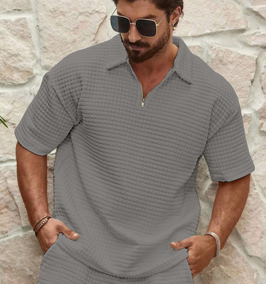 KAJARU Self Design Men Polo Neck Grey T-Shirt