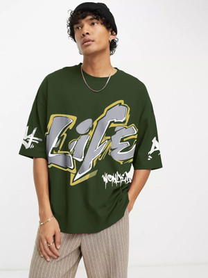 Jump Cuts Typography Men Round Neck Green T-Shirt