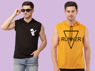 Zxomillo Printed Men Hooded Neck Black, Yellow T-Shirt