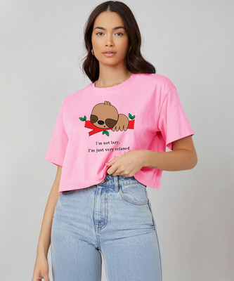 KOTTY Printed, Typography Women Round Neck Pink T-Shirt