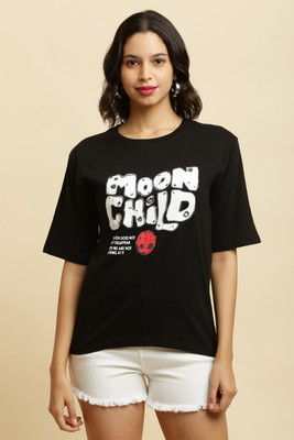 MODERNSSHOP Printed, Typography Women Round Neck Black T-Shirt