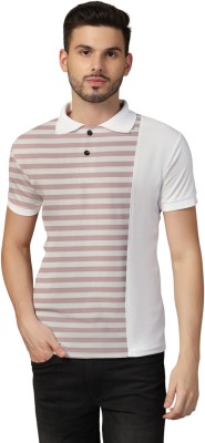 Lawful Casual Solid, Striped Men Polo Neck Pink, White T-Shirt