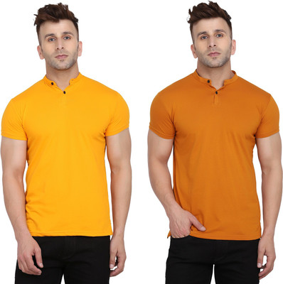Money Leaf Solid Men Mandarin Collar Gold, Yellow T-Shirt