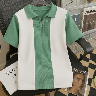 Try This Self Design Men Zip Neck Light Green, White T-Shirt