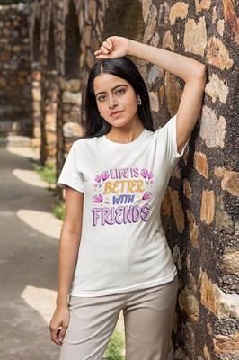 PD CLORI Printed Women Round Neck White T-Shirt
