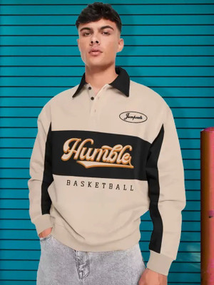 Jump Cuts Printed Men Polo Neck Beige T-Shirt