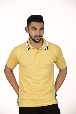Lynx Solid Men Polo Neck Yellow T-Shirt