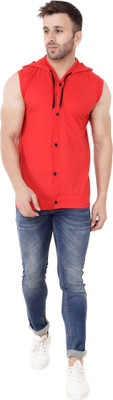 GEUM Solid Men Hooded Neck Red T-Shirt