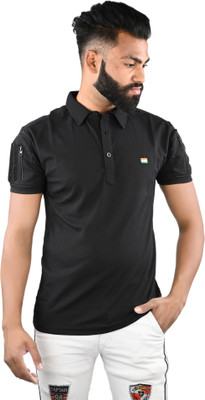 ONEBIT Solid Men Polo Neck Black T-Shirt