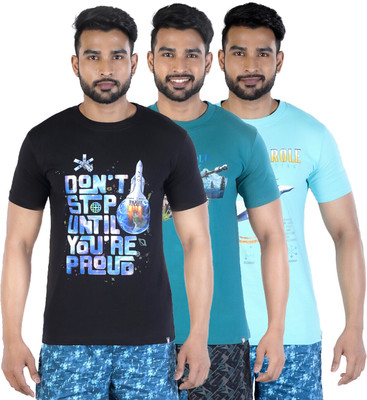 COLORS by Rupa Frontline Printed Men Round Neck Black, Green, Light Blue T-Shirt