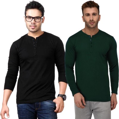 Moordale Solid Men Henley Neck Black, Green T-Shirt