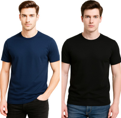 Styloketh Solid Men Round Neck Black, Dark Blue T-Shirt