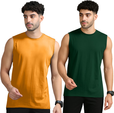 Moordale Solid Men Round Neck Orange, Dark Green T-Shirt