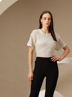 CHEMISTRY Self Design Women Round Neck White T-Shirt