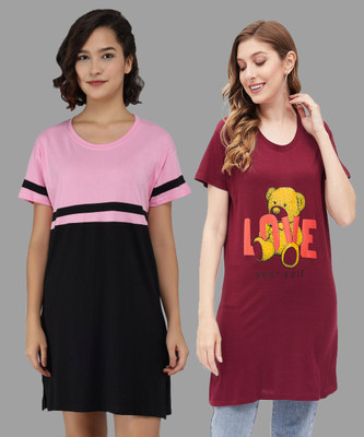 TRADSTER Striped, Printed Women Round Neck Maroon, Black, Pink T-Shirt