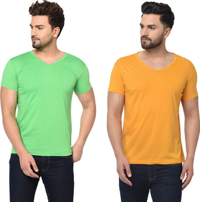 Adorbs Trend Solid Men V Neck Green, Orange T-Shirt