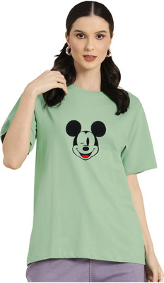 AMEVI Printed Women Round Neck Green T-Shirt