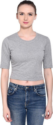 GEUM Solid Women Round Neck Grey T-Shirt