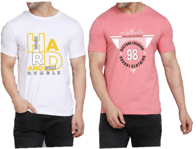 WOOSTRO Printed Men Round Neck White, Pink T-Shirt