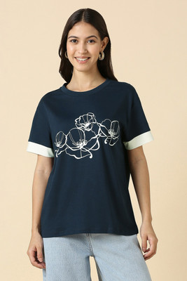 Allen Solly Printed Women Round Neck Dark Blue T-Shirt