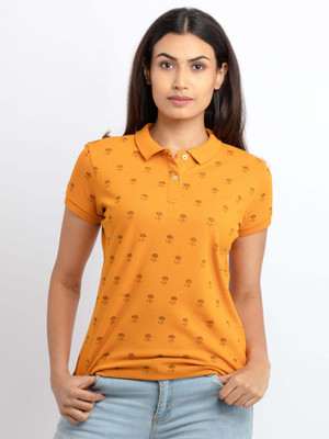 Status Quo Printed Women Polo Neck Yellow T-Shirt