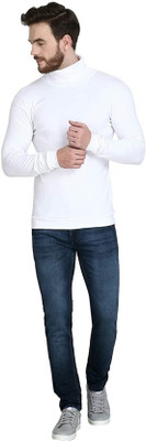 Urban Décor Solid High Neck Casual Men White Sweater