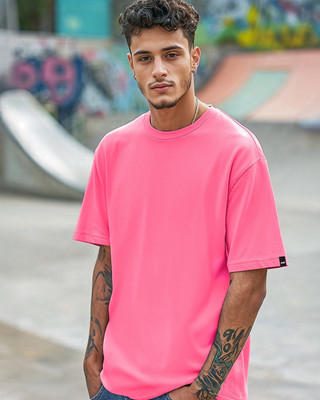 BEWAKOOF Solid Men Round Neck Pink T-Shirt