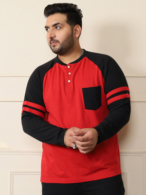 bigbanana Colorblock Men Henley Neck Red T-Shirt