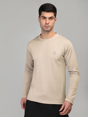 CHKOKKO Solid Men Round Neck Beige T-Shirt