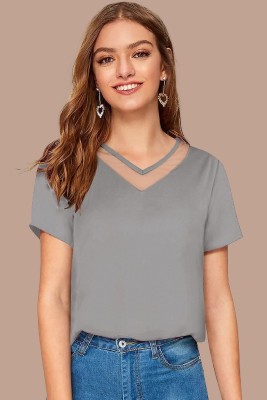 METRONAUT Solid Women V Neck Grey T-Shirt