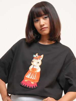 Tokyo Talkies Self Design Women Round Neck Black T-Shirt