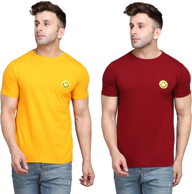 GEUM Solid Men Round Neck Maroon, Yellow T-Shirt