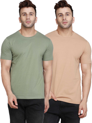 TEEFOX Solid Men Round Neck Green, Beige T-Shirt